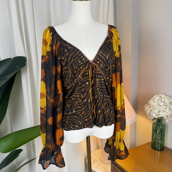 Anthropologie CONDITIONS APPLY Boho Statement Sleeves Smocked Blouse Large - Picture 5 of 9
